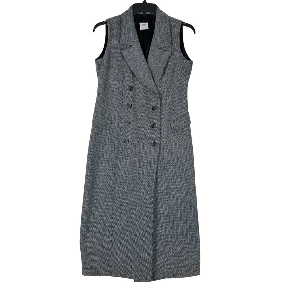 Hillard & Hanson Trench Dress Women 8 Grey Herringbone Wool Sleeveless Vest